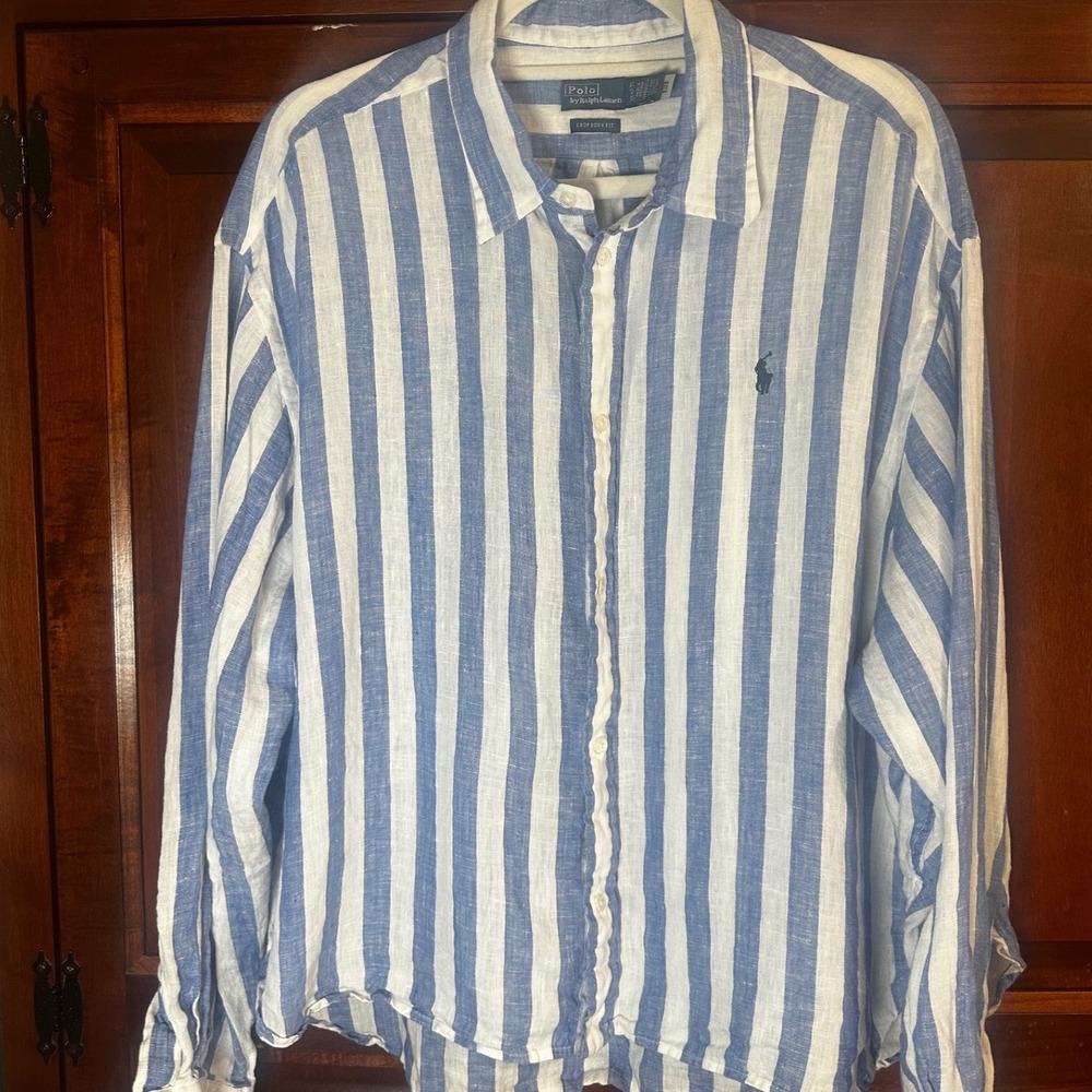 Polo Ralph Lauren Blue White Striped Linen Shirt Crop Boxy Fit XL - Picture 2 of 14